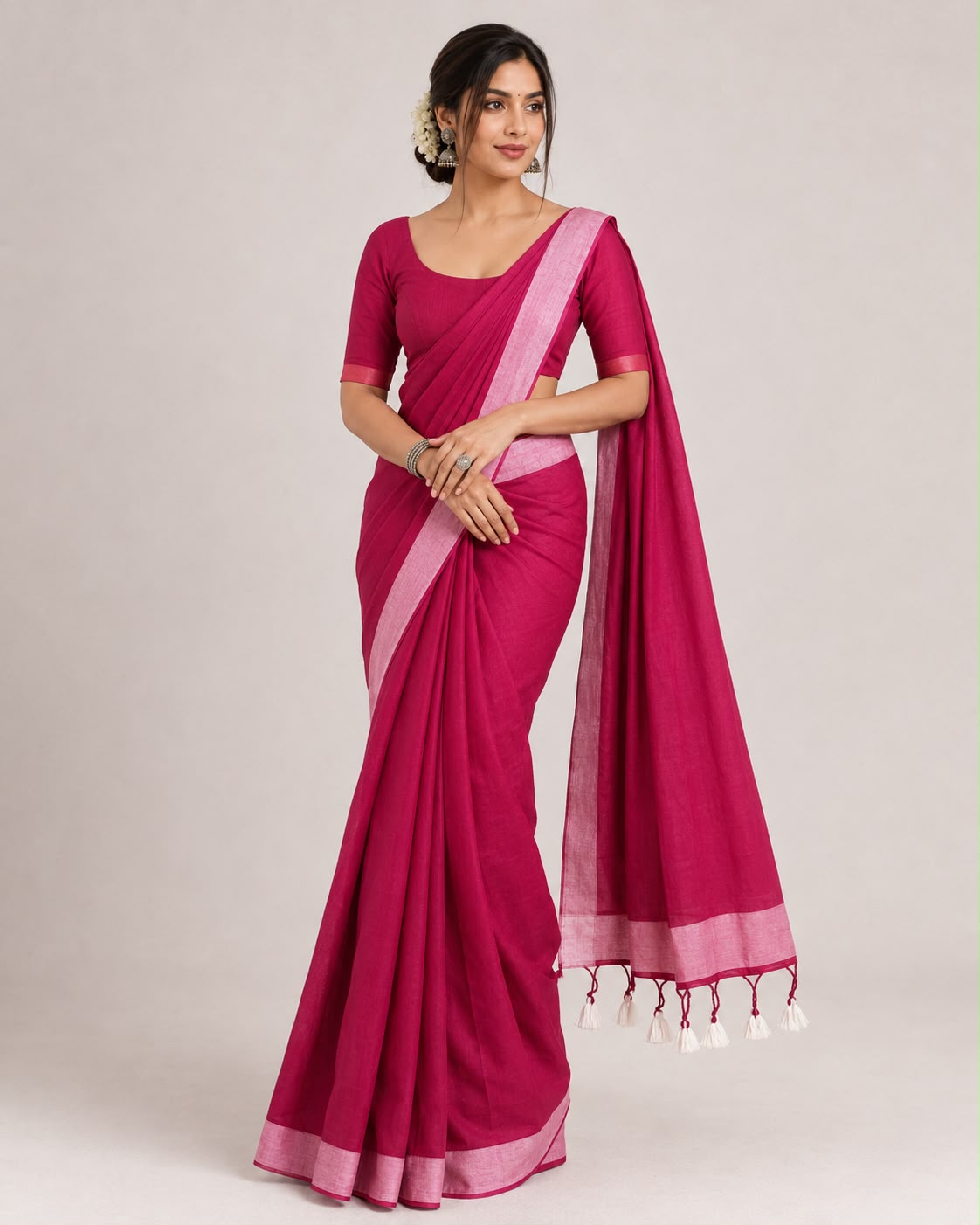 Deep Pink Bengal Cotton Saree with Contrast Border