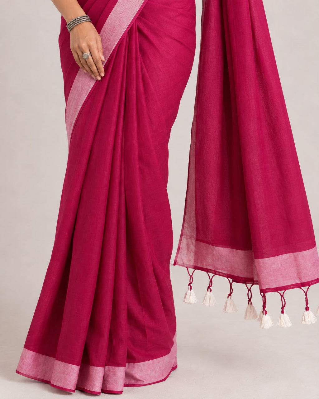 Deep Pink Bengal Cotton Saree with Contrast Border