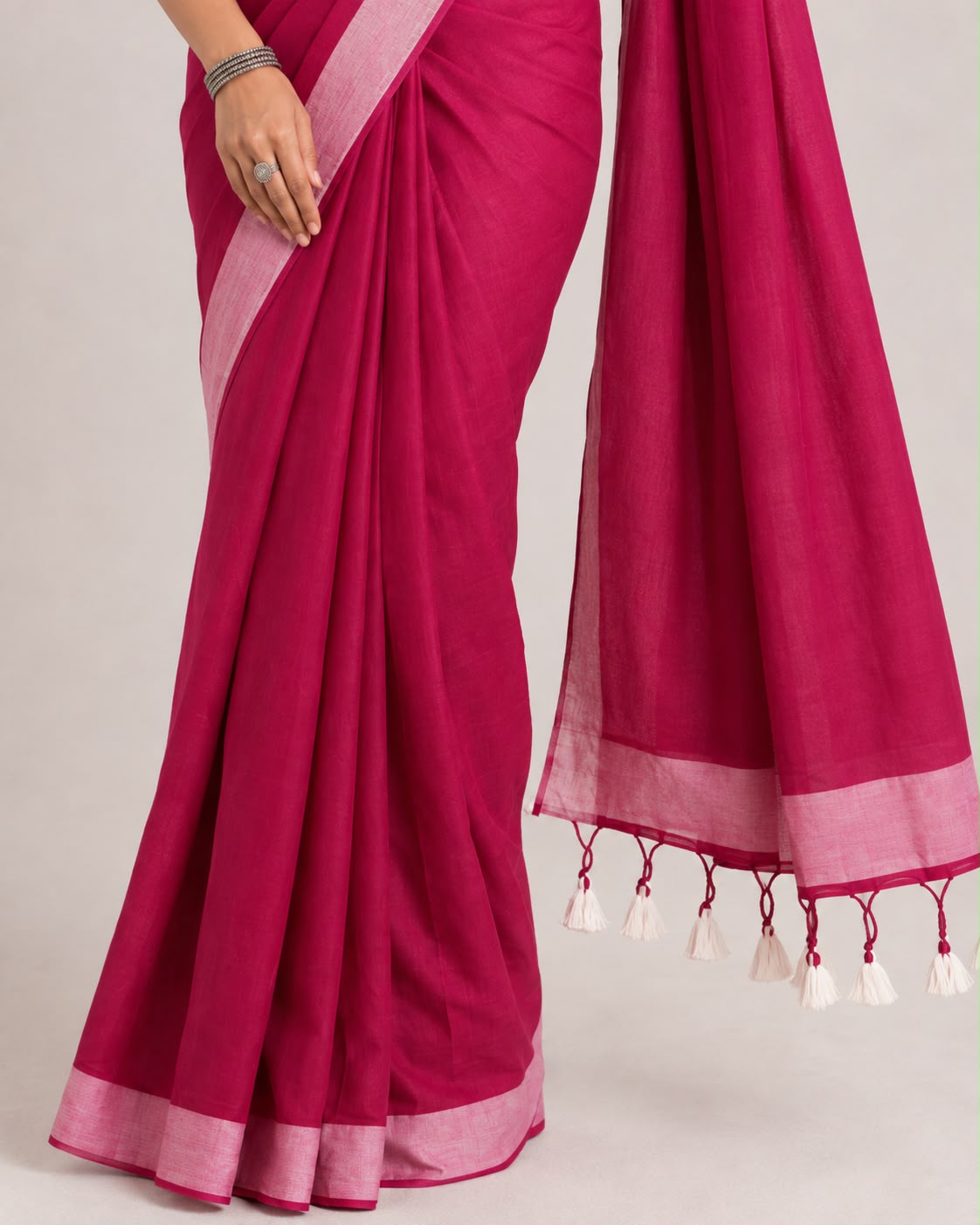 Deep Pink Bengal Cotton Saree with Contrast Border