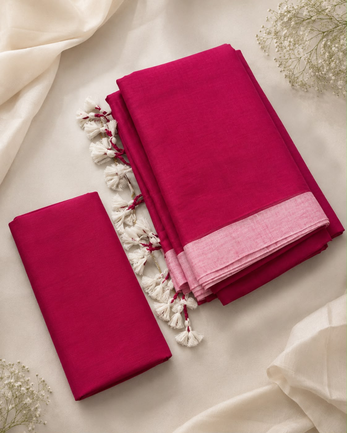 Deep Pink Bengal Cotton Saree with Contrast Border