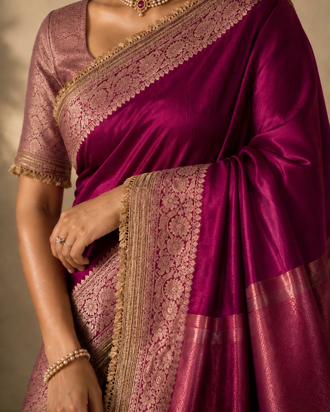 Pink Tissue Saree with Lace Border & Pink Blouse