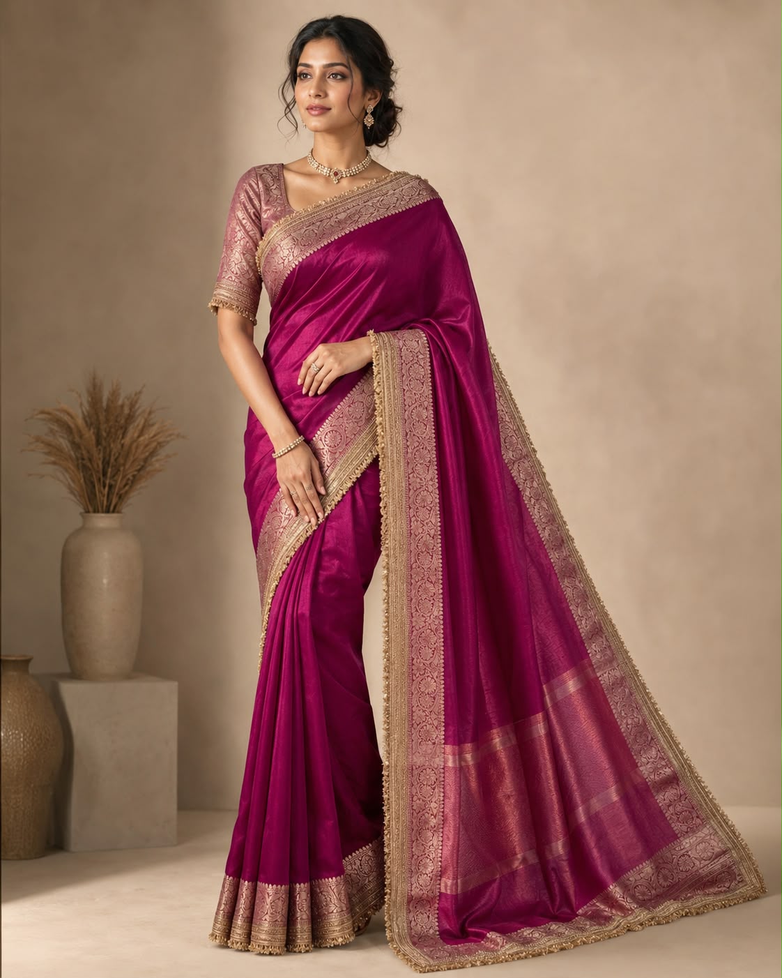 Pink Tissue Saree with Lace Border & Pink Blouse