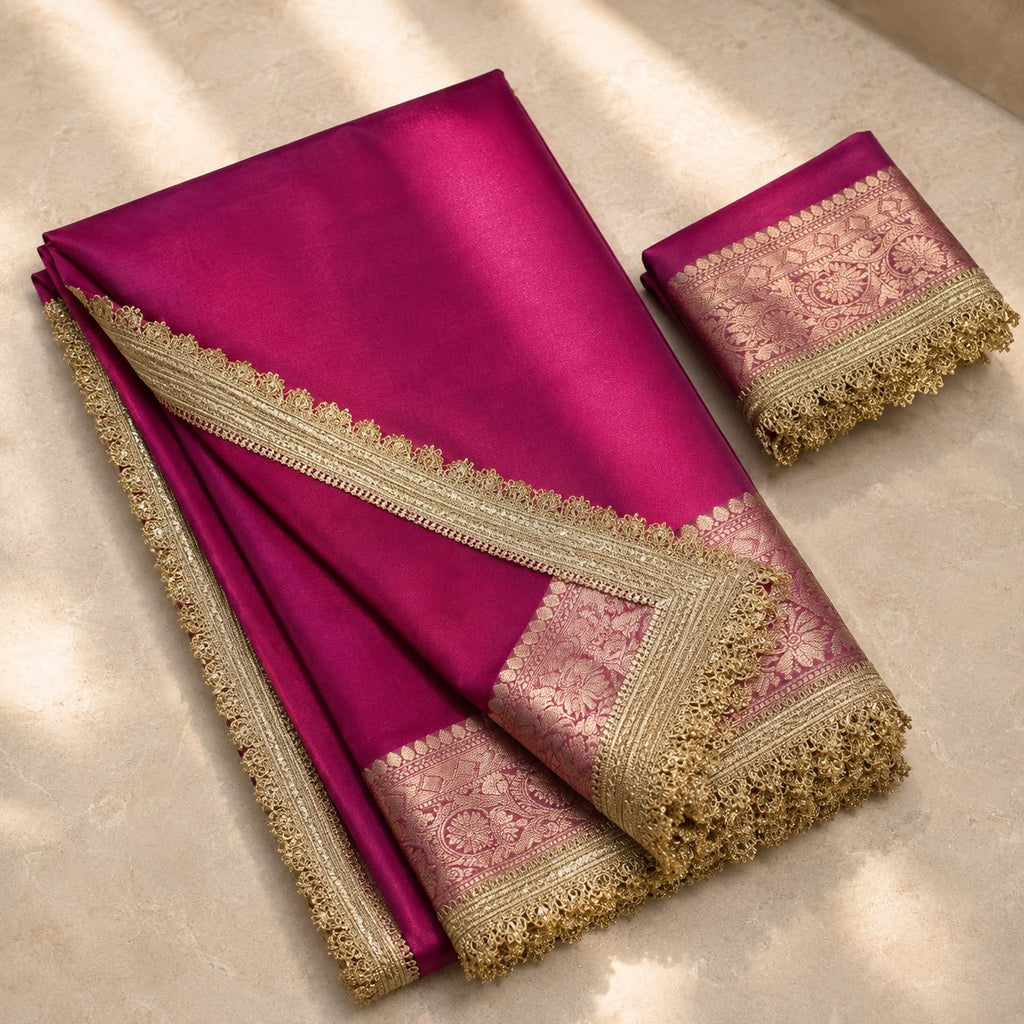 Pink Tissue Saree with Lace Border & Pink Blouse