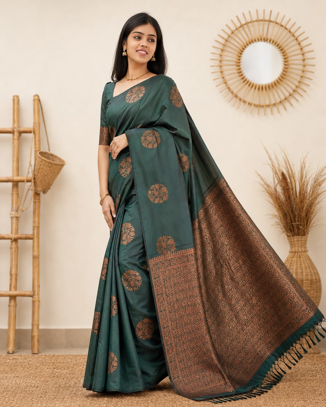 Two-Tone Green Banarasi Silk Saree with Floral Zari Weave