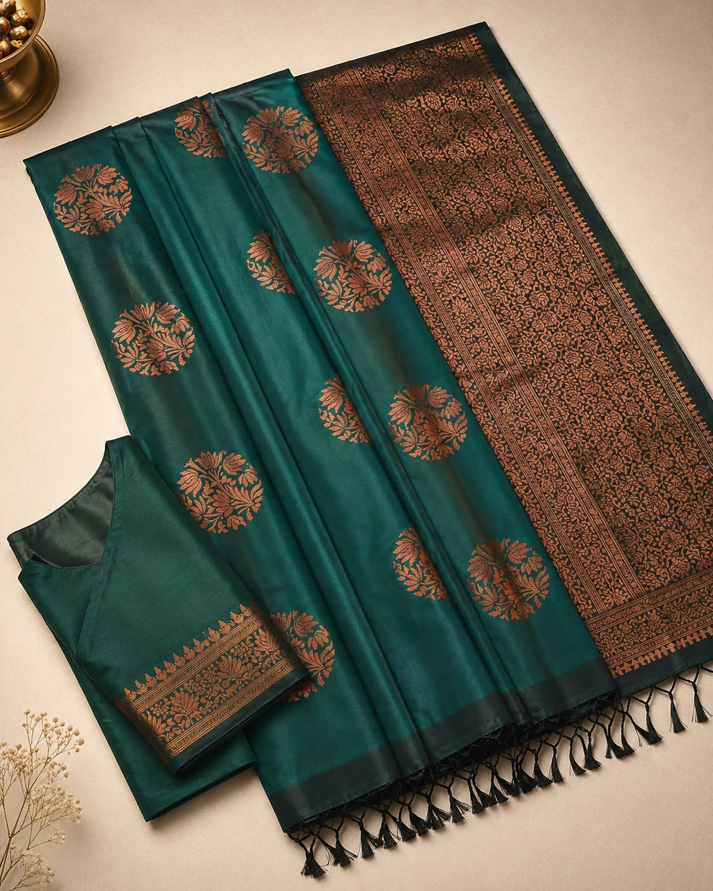 Two-Tone Green Banarasi Silk Saree with Floral Zari Weave