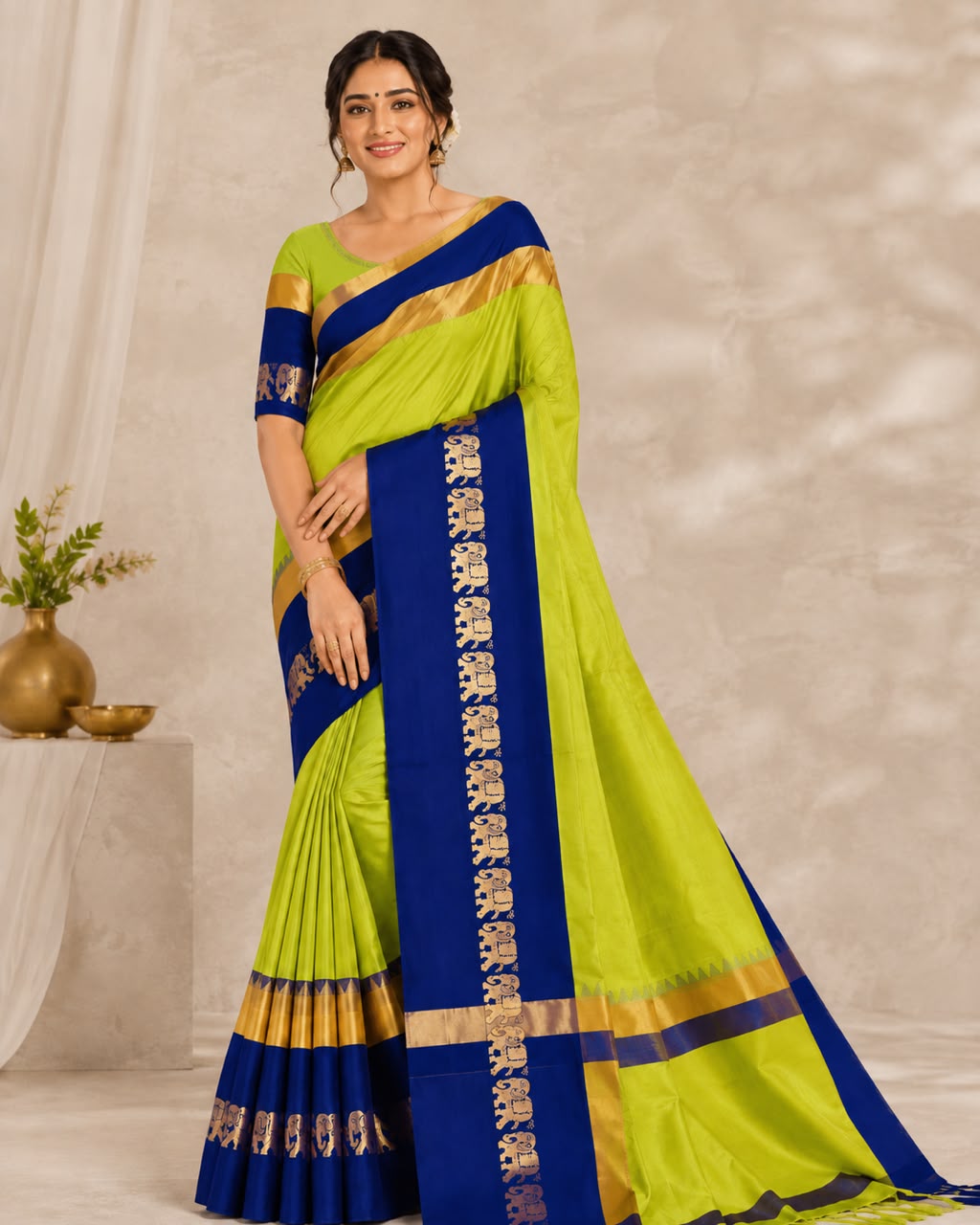 Lime Green & Navy Blue Cotton Silk Saree with Elephant Motif