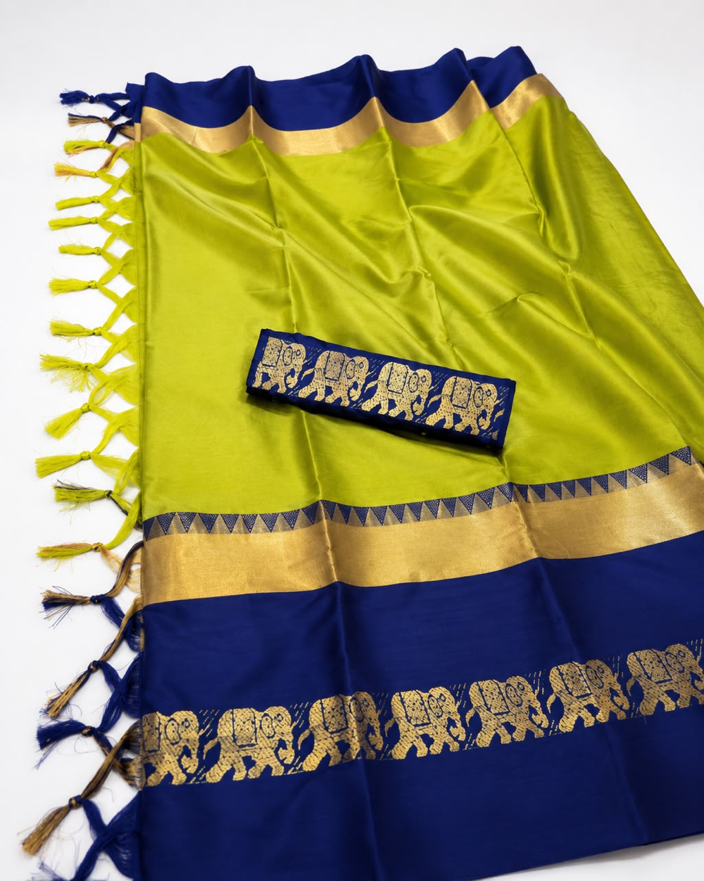 Lime Green & Navy Blue Cotton Silk Saree with Elephant Motif