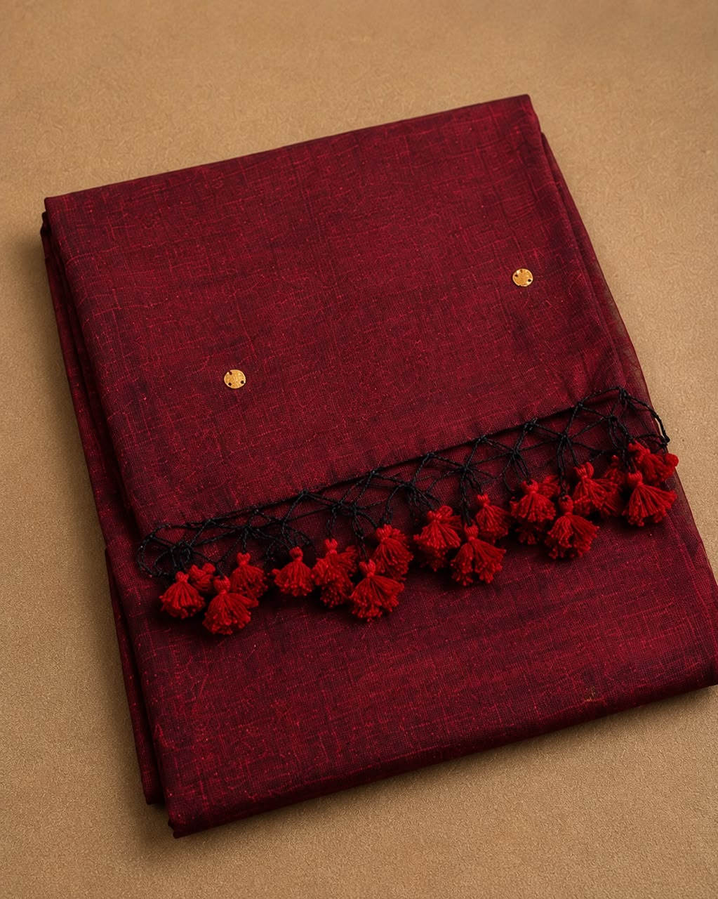 Maroon Khadi Cotton Saree with Subtle Embellished Detail