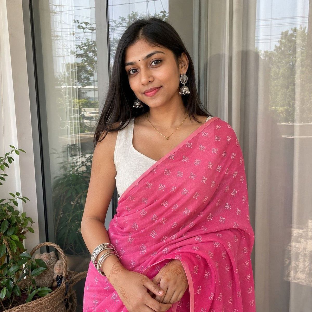 Rani pink floral printed saree