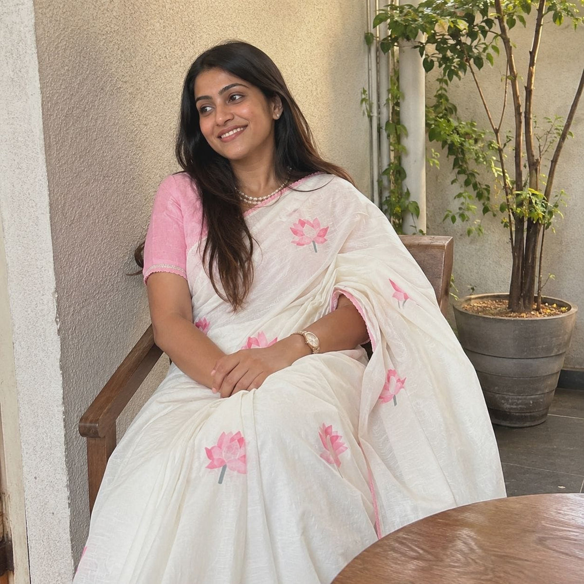 White Floral Cotton Linen Saree with Tassel Detailing