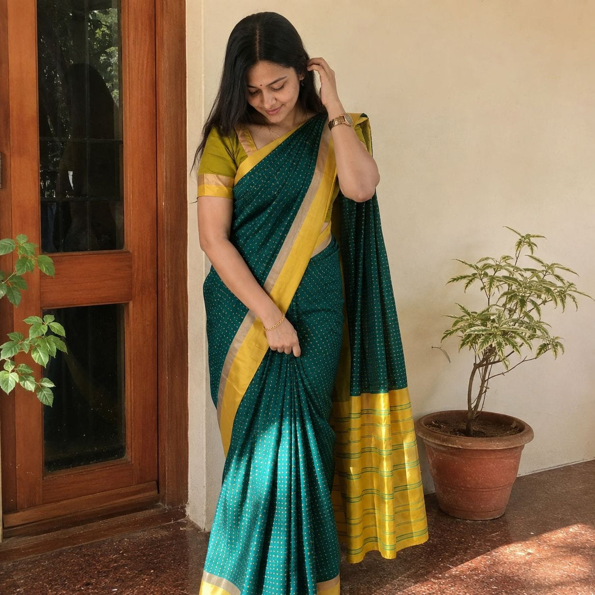 Green Banarasi Silk Woven Saree with Gold Blouse