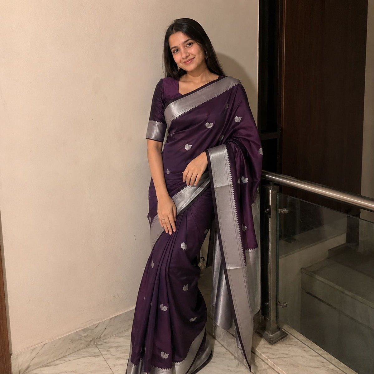 Dark Purple Paithani Cotton Silk Saree with Silver Border
