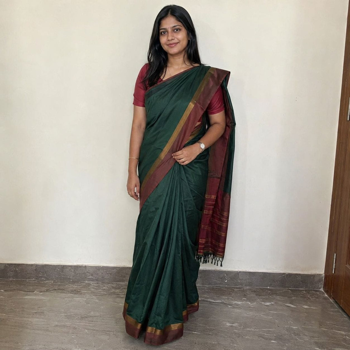 Green Mysore Soft Silk Saree with Gold and Maroon Border