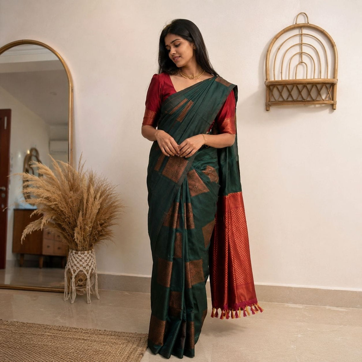 Green Banarasi Litchi Silk Saree with Copper Motifs