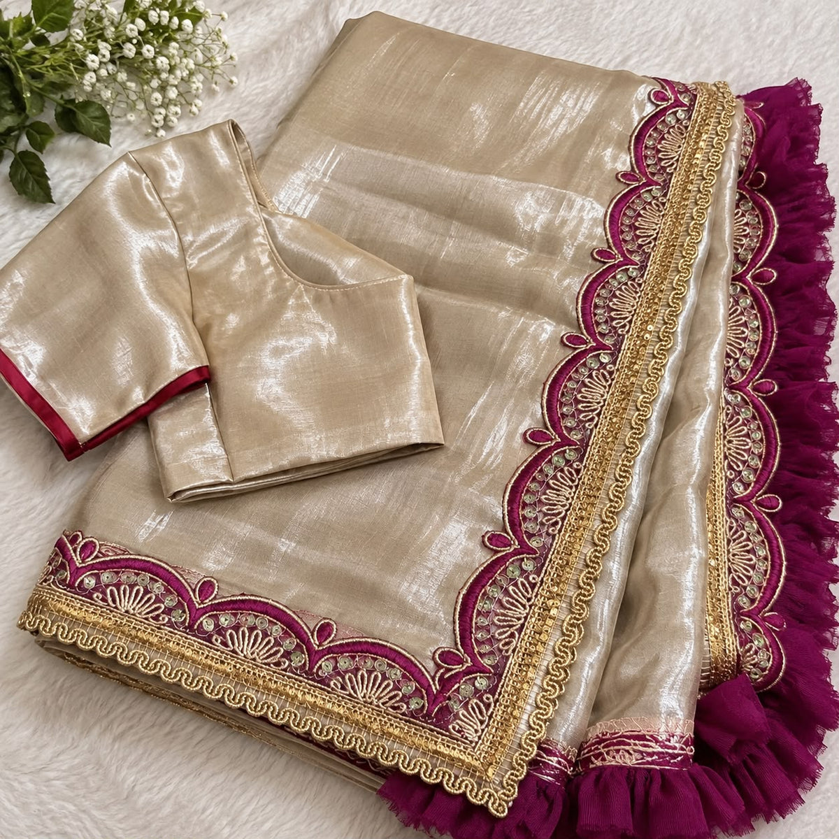 Beige Cotton Blend Saree