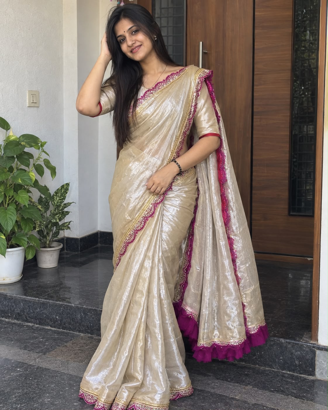 Beige Cotton Blend Saree
