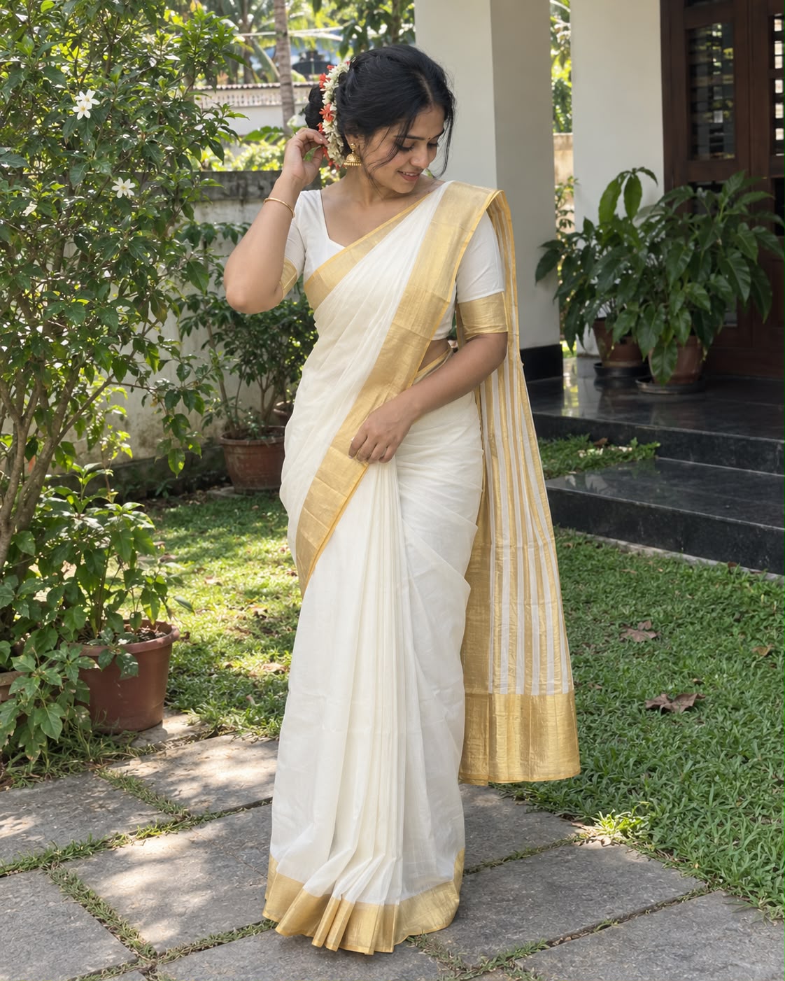 White Kasavu Cotton Saree with Gold Zari Border