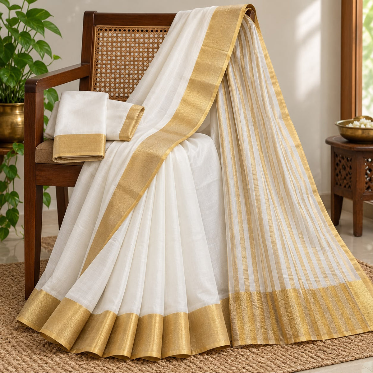 White Kasavu Cotton Saree with Gold Zari Border