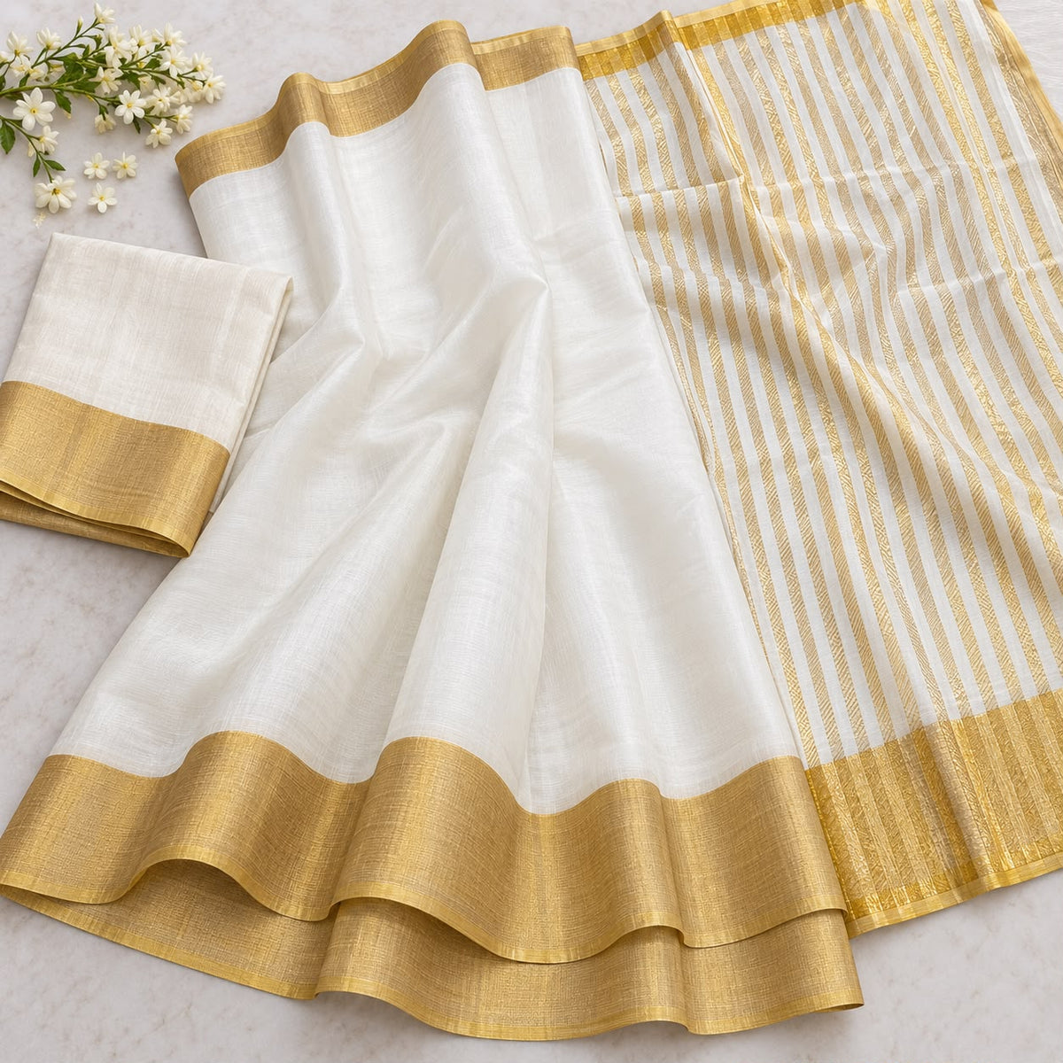 White Kasavu Cotton Saree with Gold Zari Border