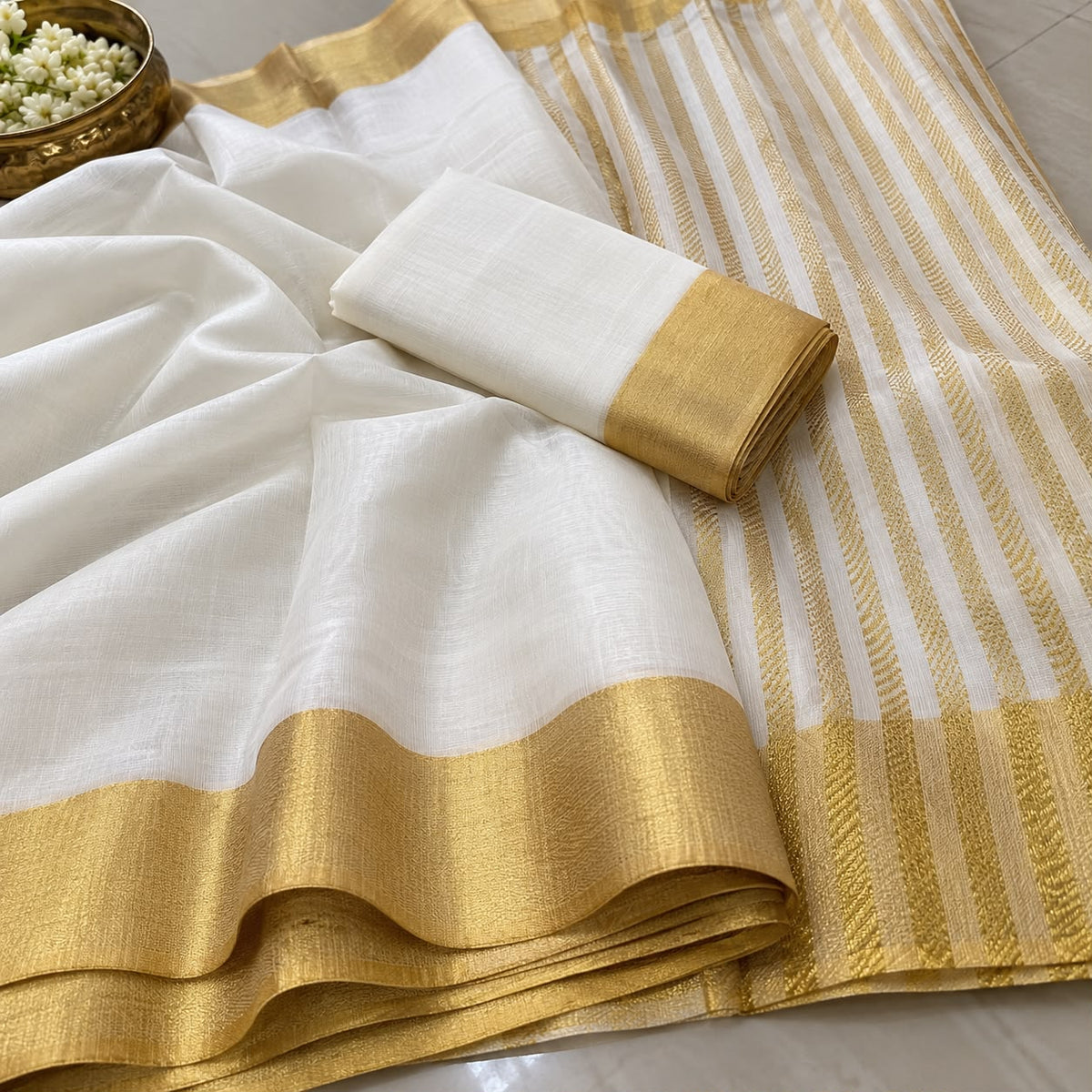 White Kasavu Cotton Saree with Gold Zari Border