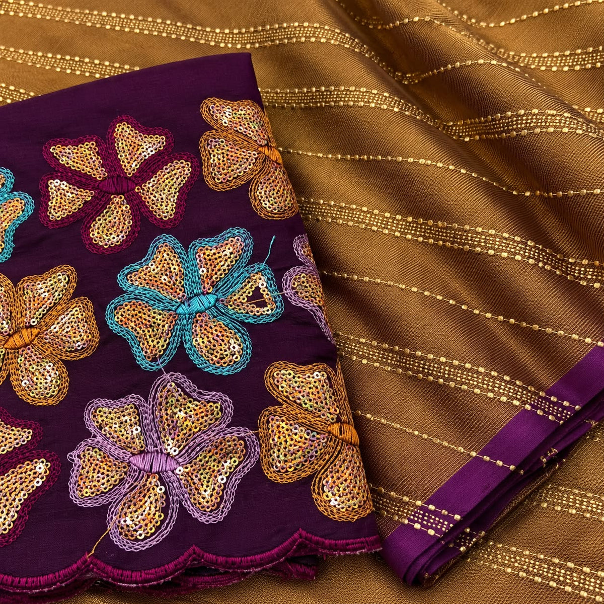 Brown Brasso Brocade Saree with Zari Weave & Purple Blouse