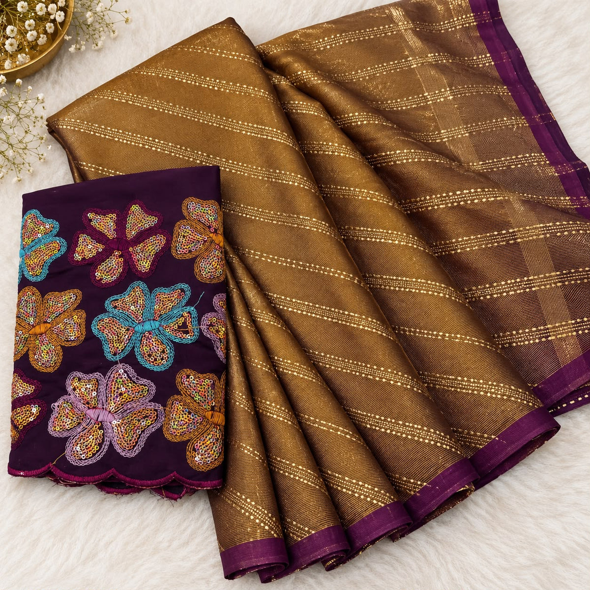 Brown Brasso Brocade Saree with Zari Weave & Purple Blouse