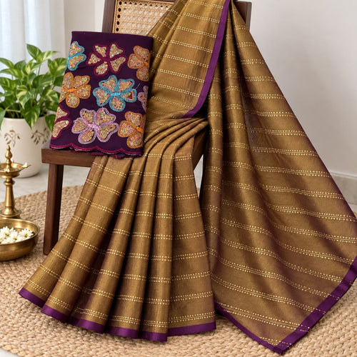 Brown Brasso Brocade Saree with Zari Weave & Purple Blouse