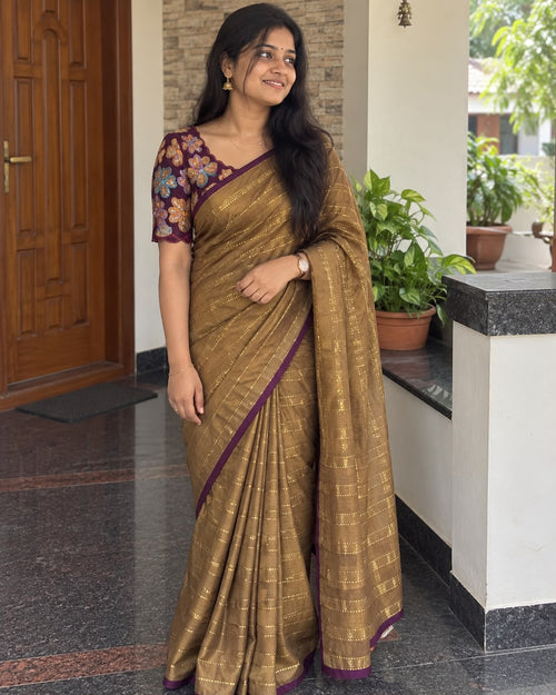 Brown Brasso Brocade Saree with Zari Weave & Purple Blouse