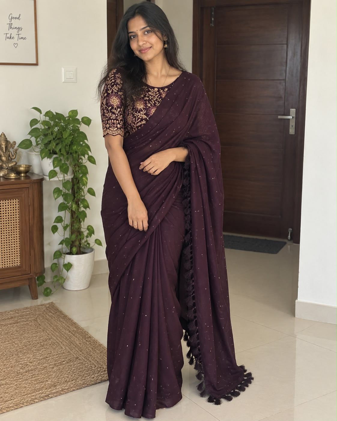 Wine Chiffon Zari Woven Saree with  Embroidered Blouse