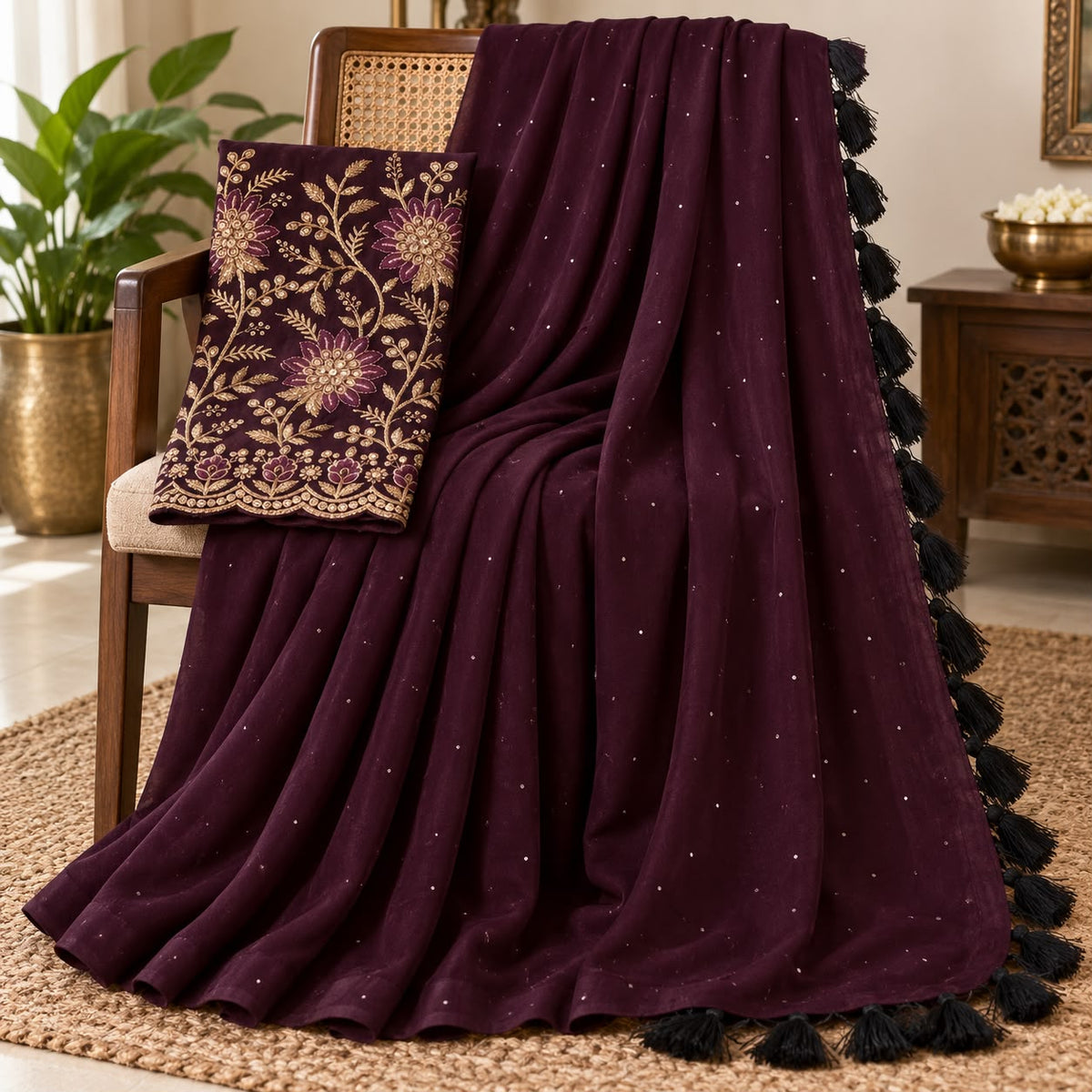 Wine Chiffon Zari Woven Saree with  Embroidered Blouse