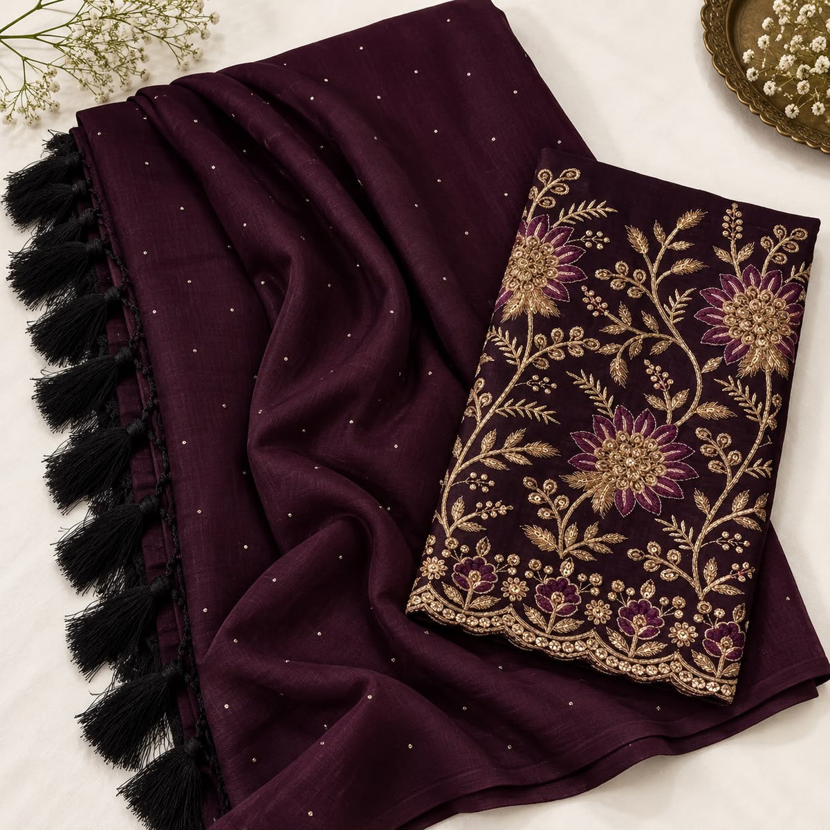 Wine Chiffon Zari Woven Saree with  Embroidered Blouse