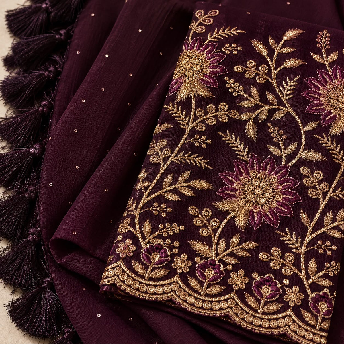 Wine Chiffon Zari Woven Saree with  Embroidered Blouse