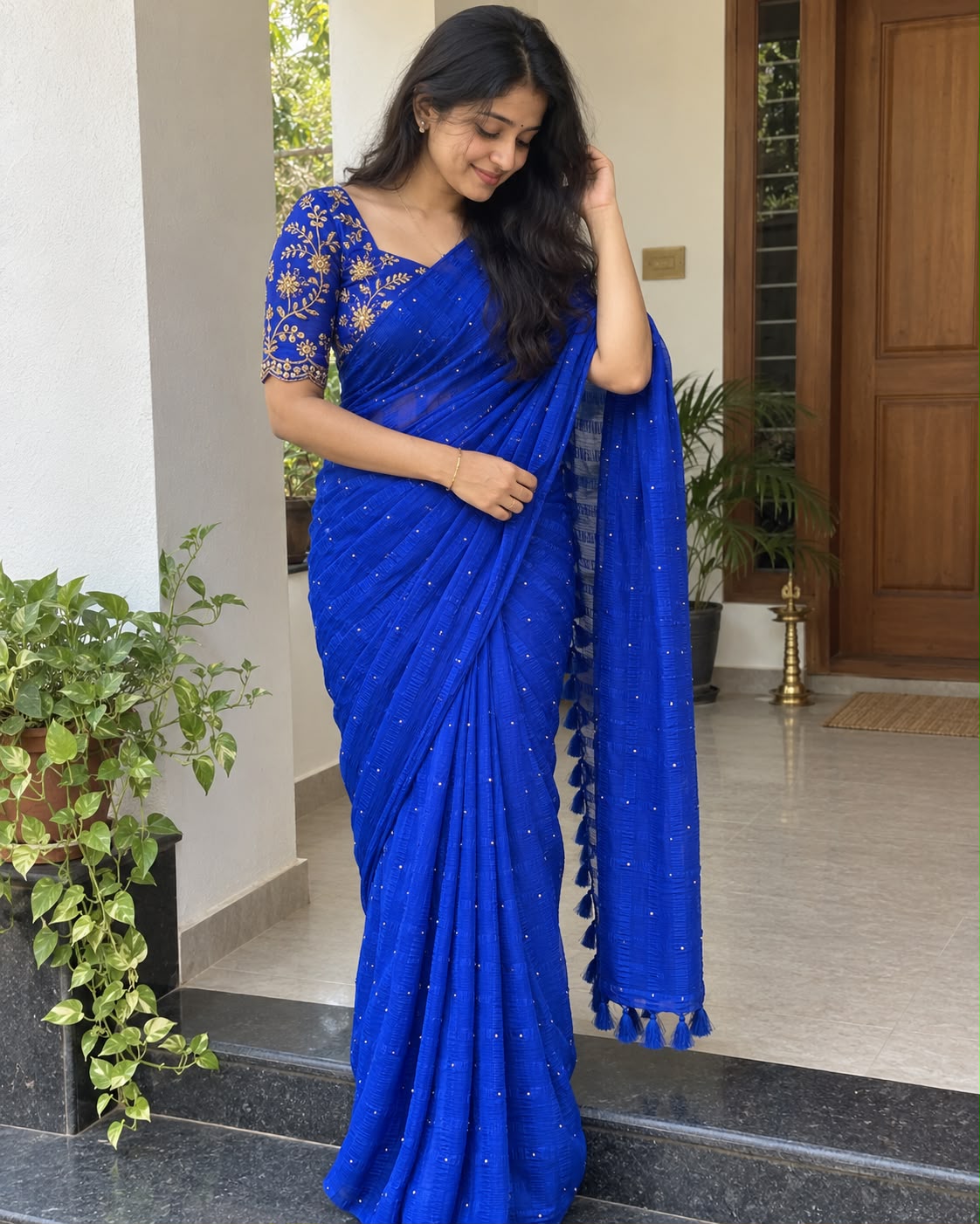 Blue Embellished Chiffon Saree with Embroidered Blouse