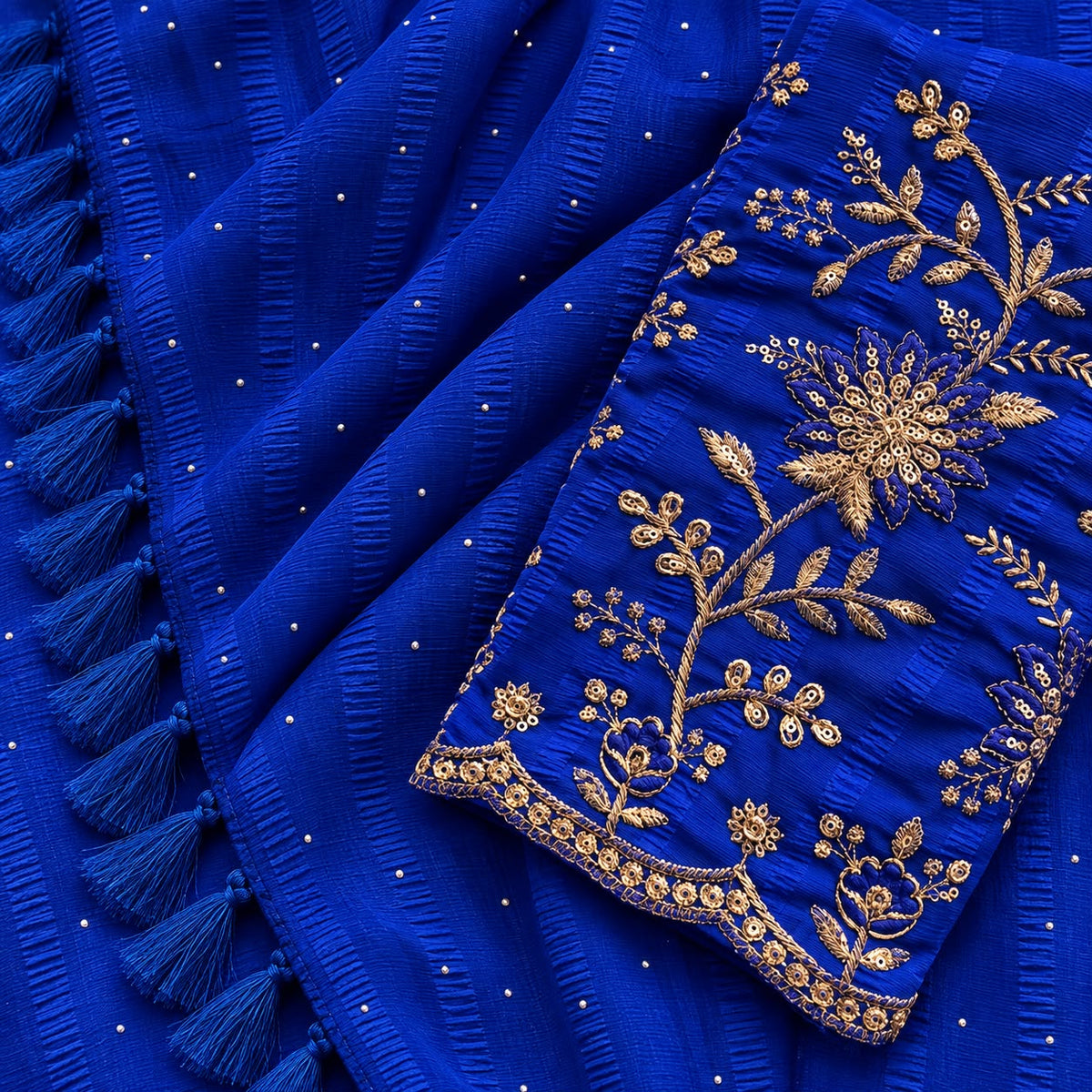 Blue Embellished Chiffon Saree with Embroidered Blouse