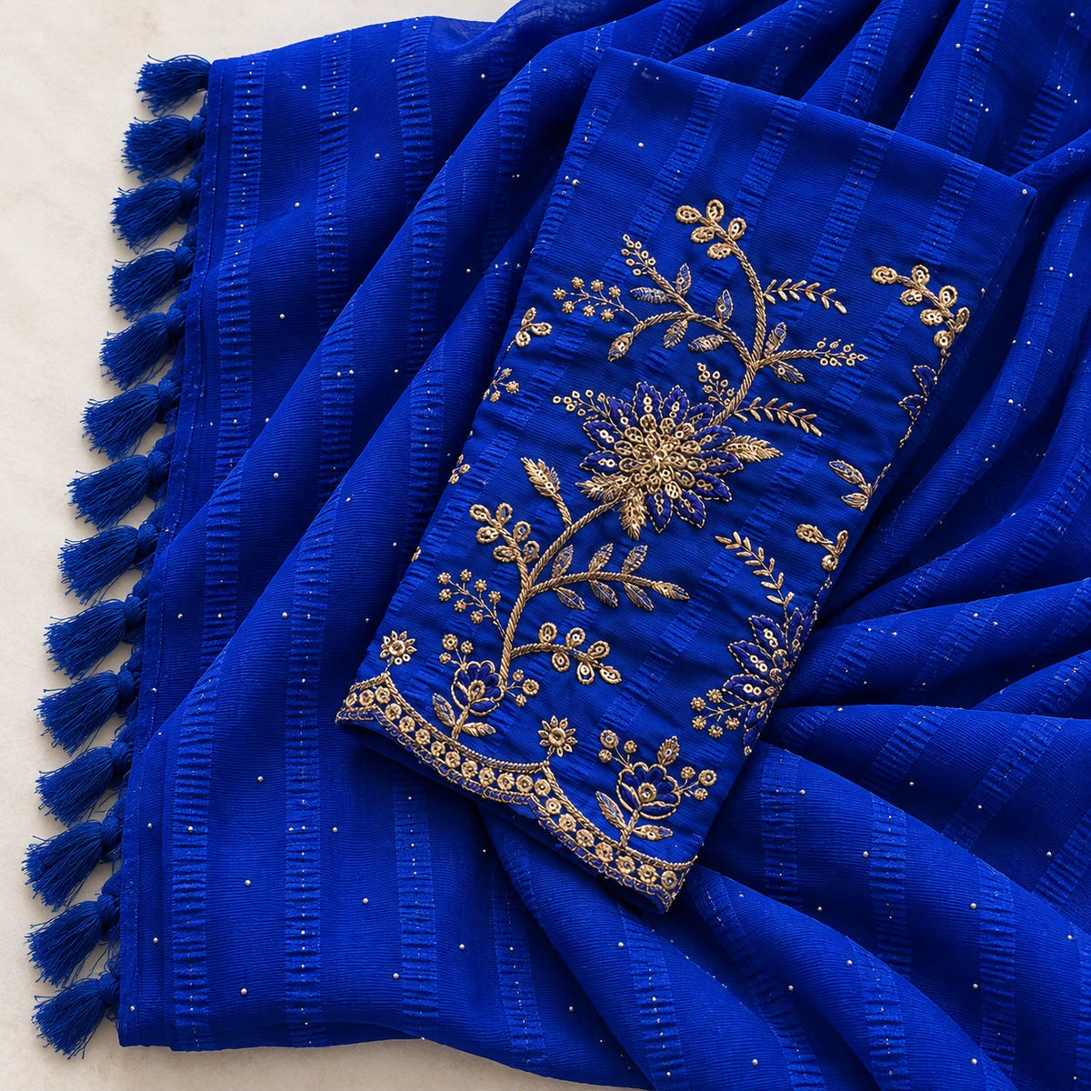 Blue Embellished Chiffon Saree with Embroidered Blouse