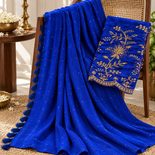 Blue Embellished Chiffon Saree with Embroidered Blouse