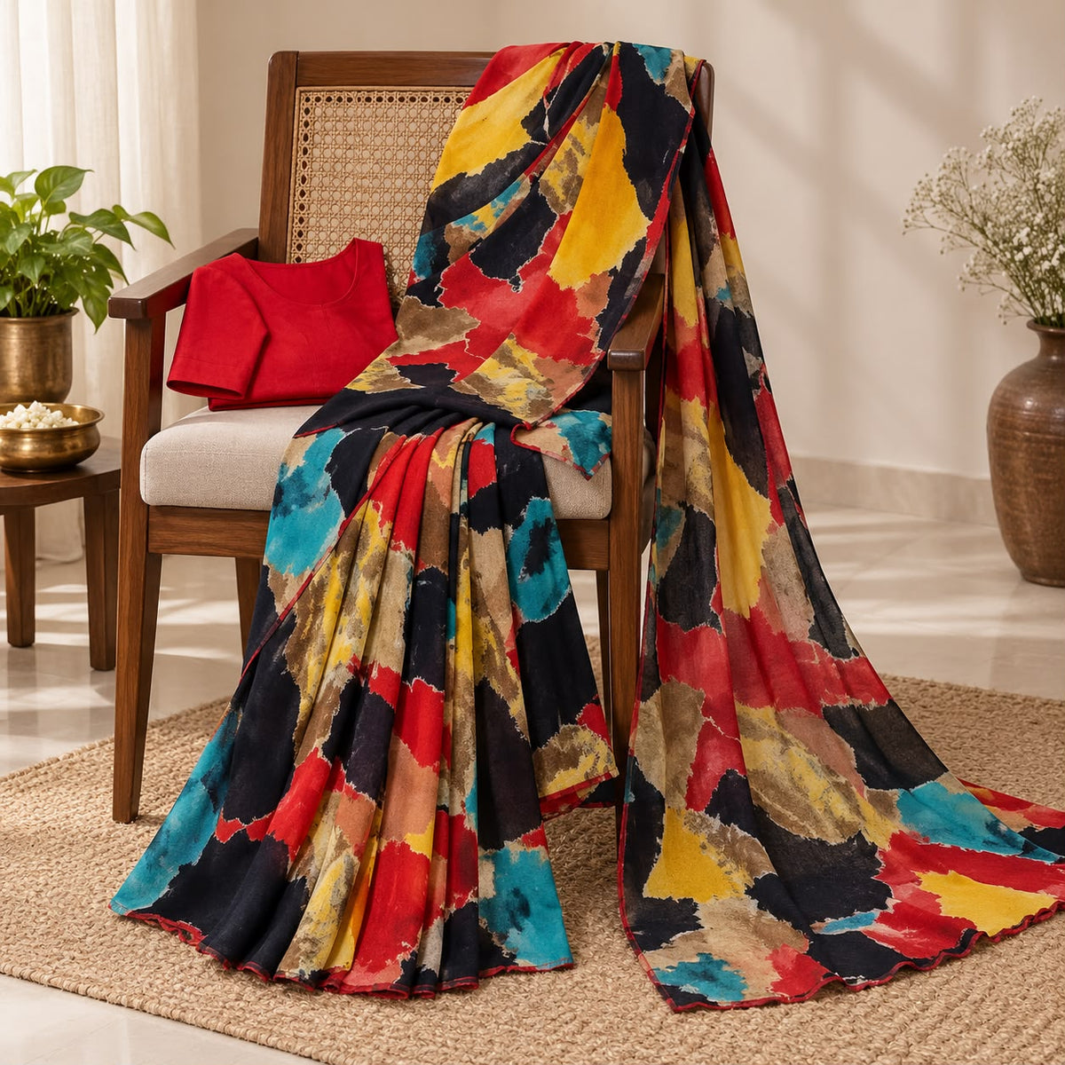 Multicolor Abstract Printed Georgette Saree with Blouse