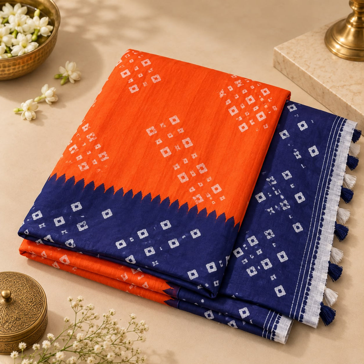 Orange Banarasi Silk Bandhani Saree with Navy Blue Blouse