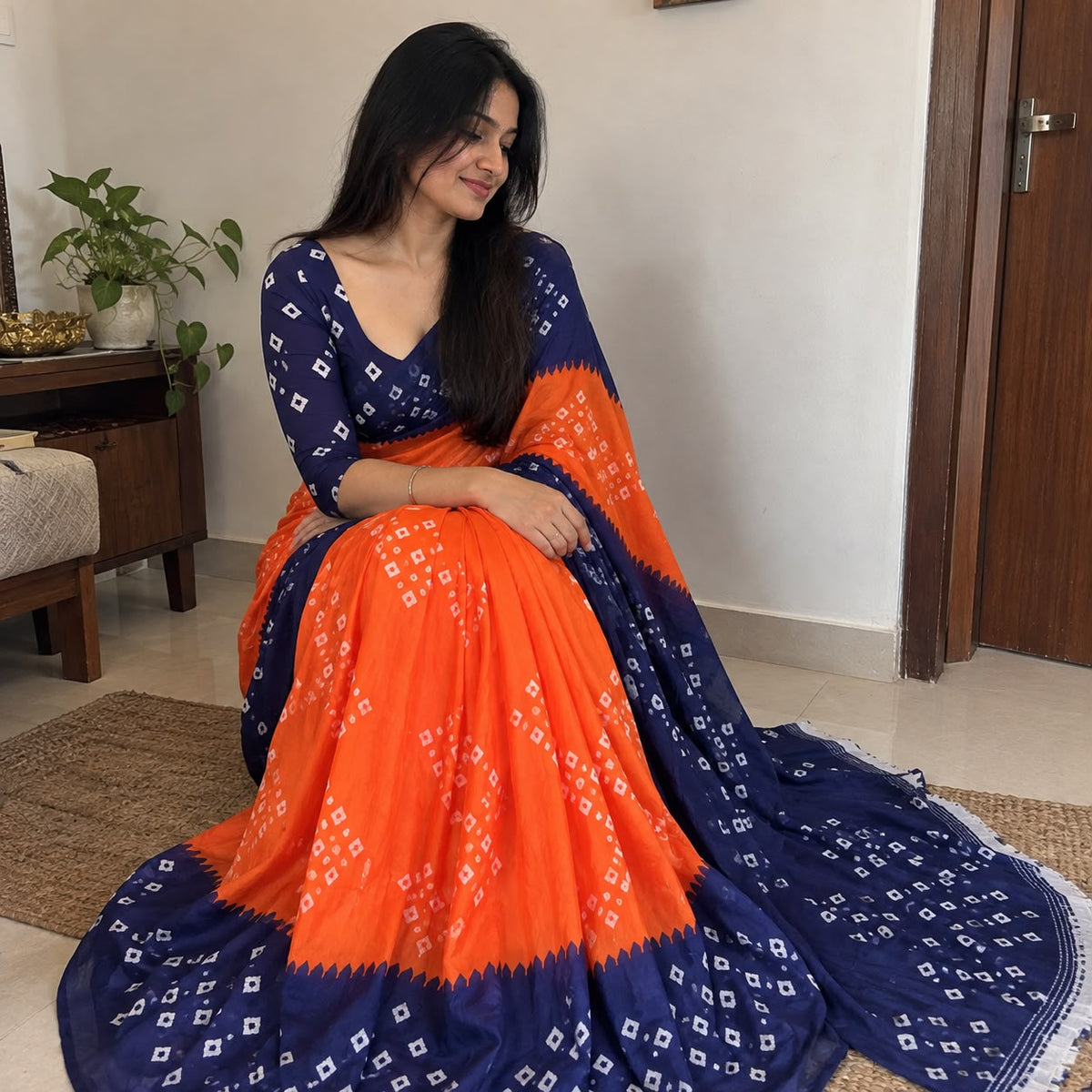 Orange Banarasi Silk Bandhani Saree with Navy Blue Blouse