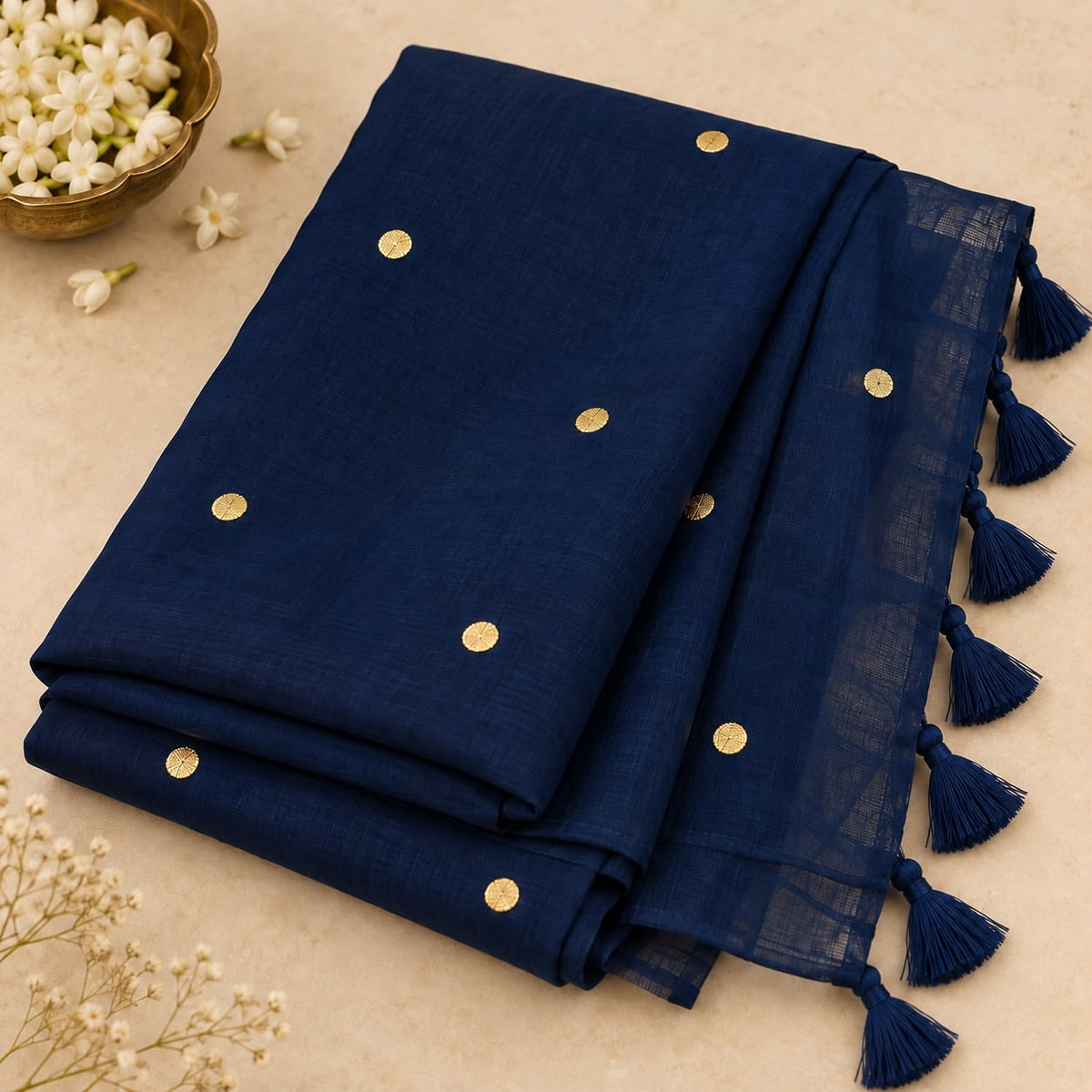 Blue Crushed Cotton Blend Saree