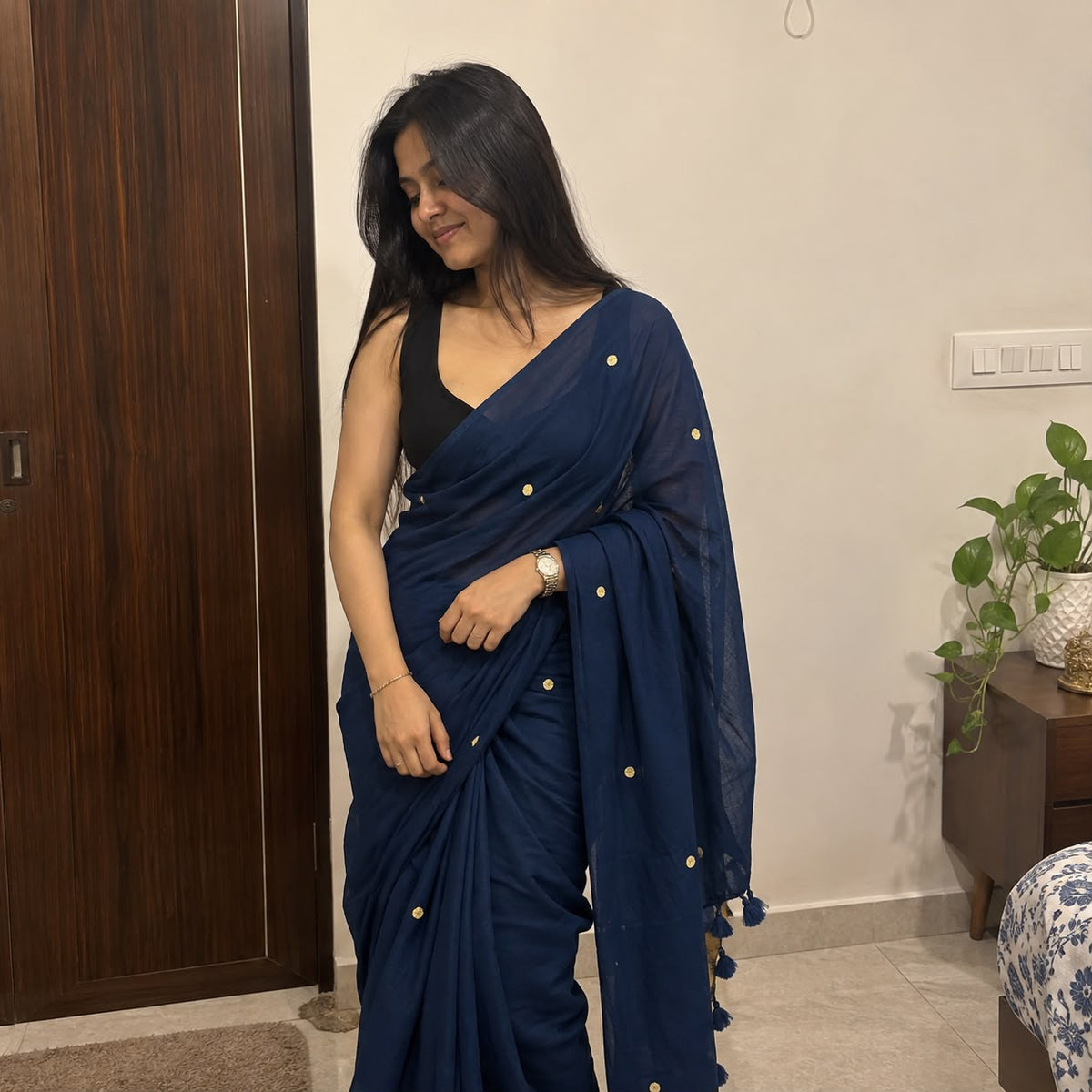 Blue Crushed Cotton Blend Saree