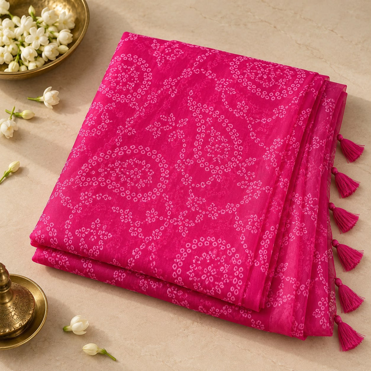 Pink chiffon Bandhani saree folded – pallu with tassels