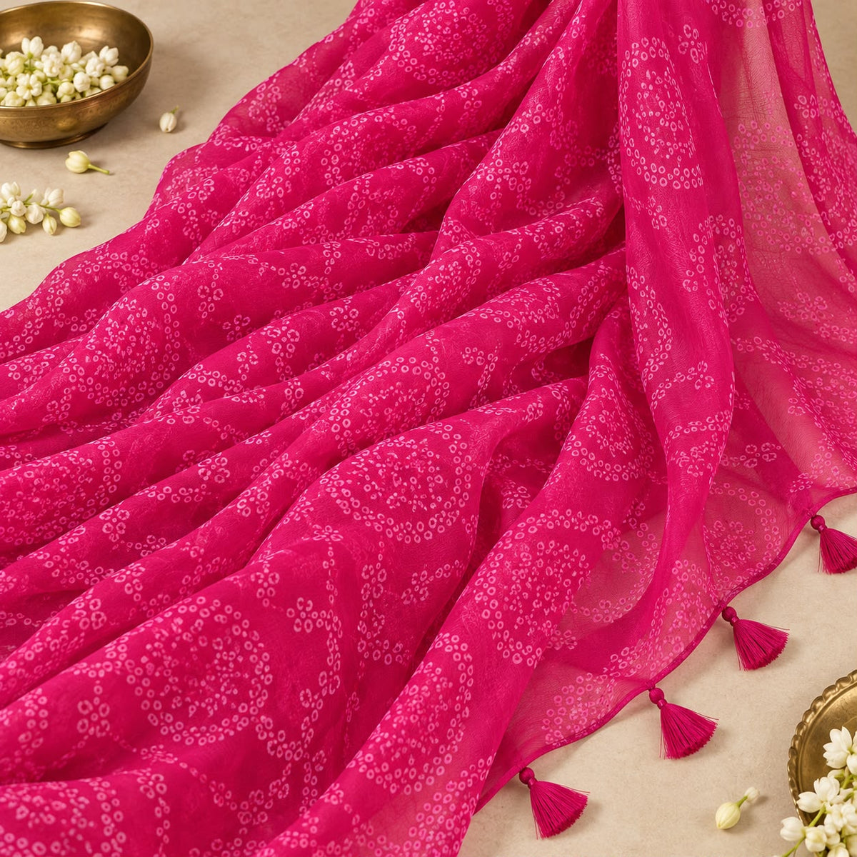Pink chiffon Bandhani saree – print and tassel latkan detail