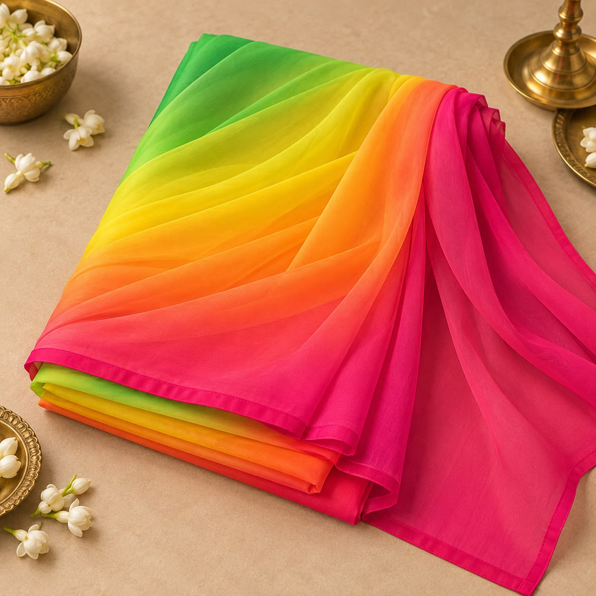 Multicolor Colorblock Georgette Saree with Pink Bangalori Silk Blouse