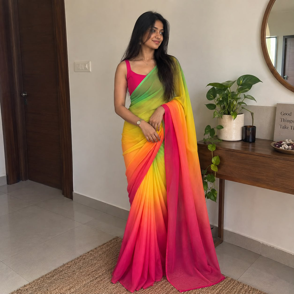 Multicolor Colorblock Georgette Saree with Pink Bangalori Silk Blouse