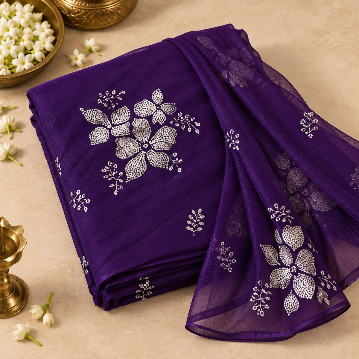 Purple soft silk sequin saree folded – floral embellishment detail