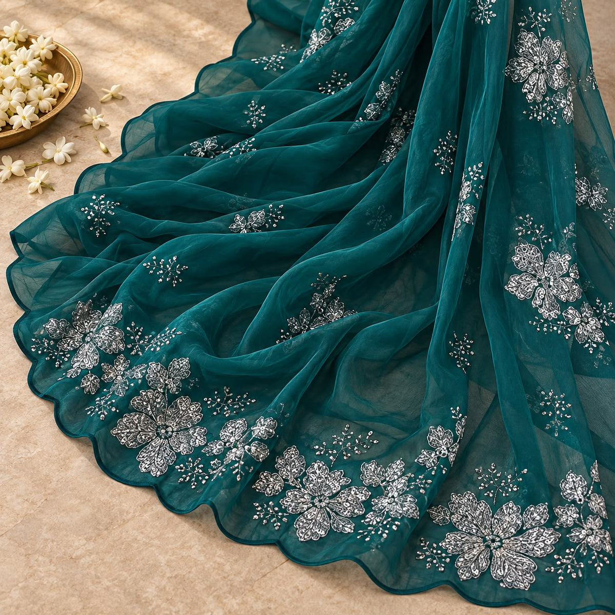 Green soft silk saree – floral sequin work close-up