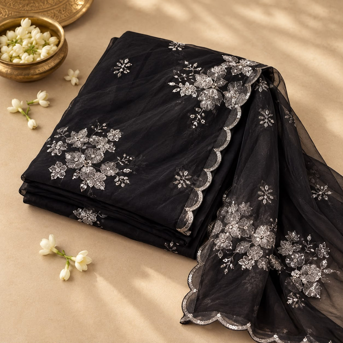 Black Soft Silk Saree with Floral Sequin Embellishment
