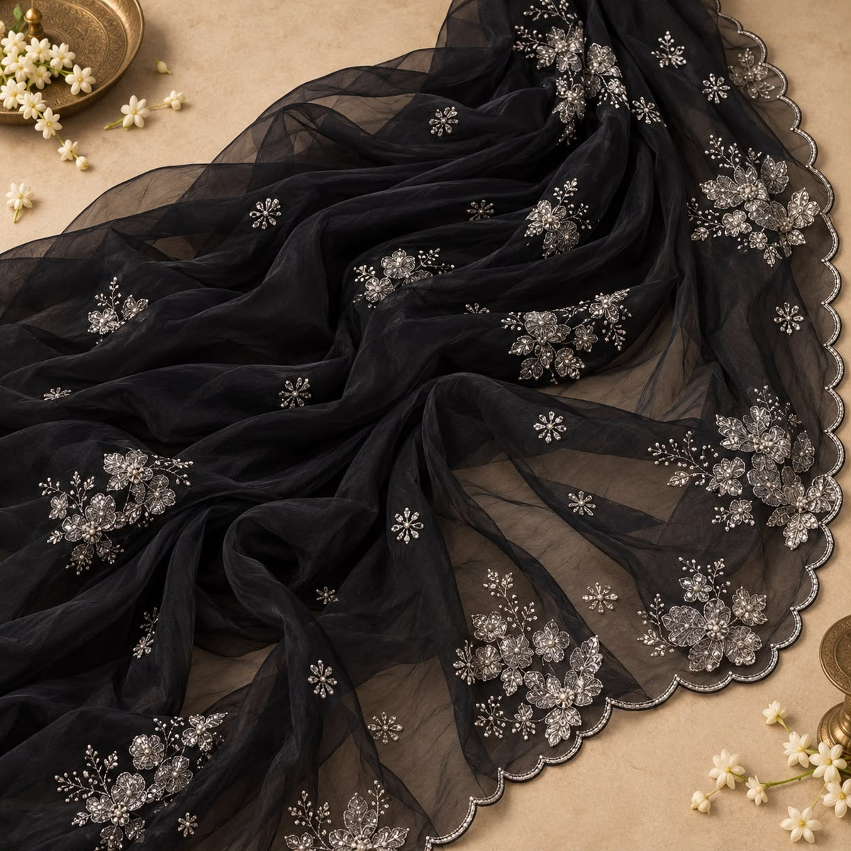 Black Soft Silk Saree with Floral Sequin Embellishment
