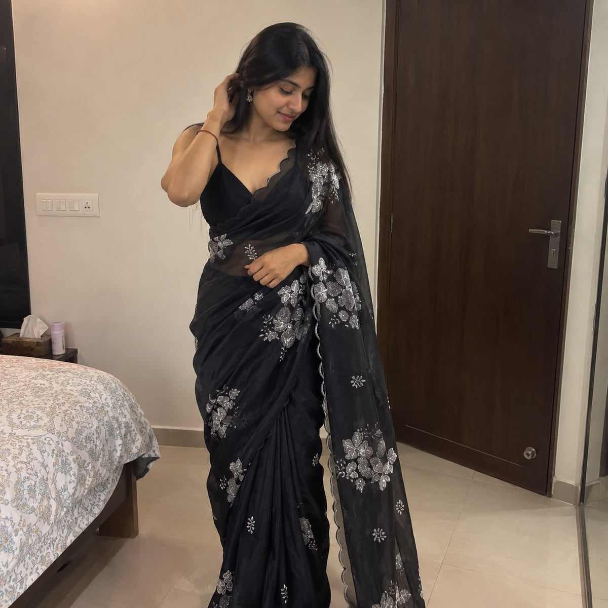 Black Soft Silk Saree with Floral Sequin Embellishment